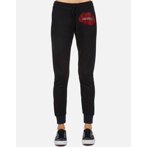 Lauren Moshi Black Joggers Rhinestone Lips Drawstring Waist Women's Size S